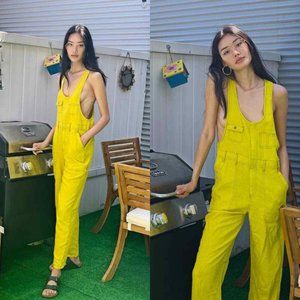 NWT Urban Outfitters Camille Linen Blend Chartreuse Overalls Jumpsuit